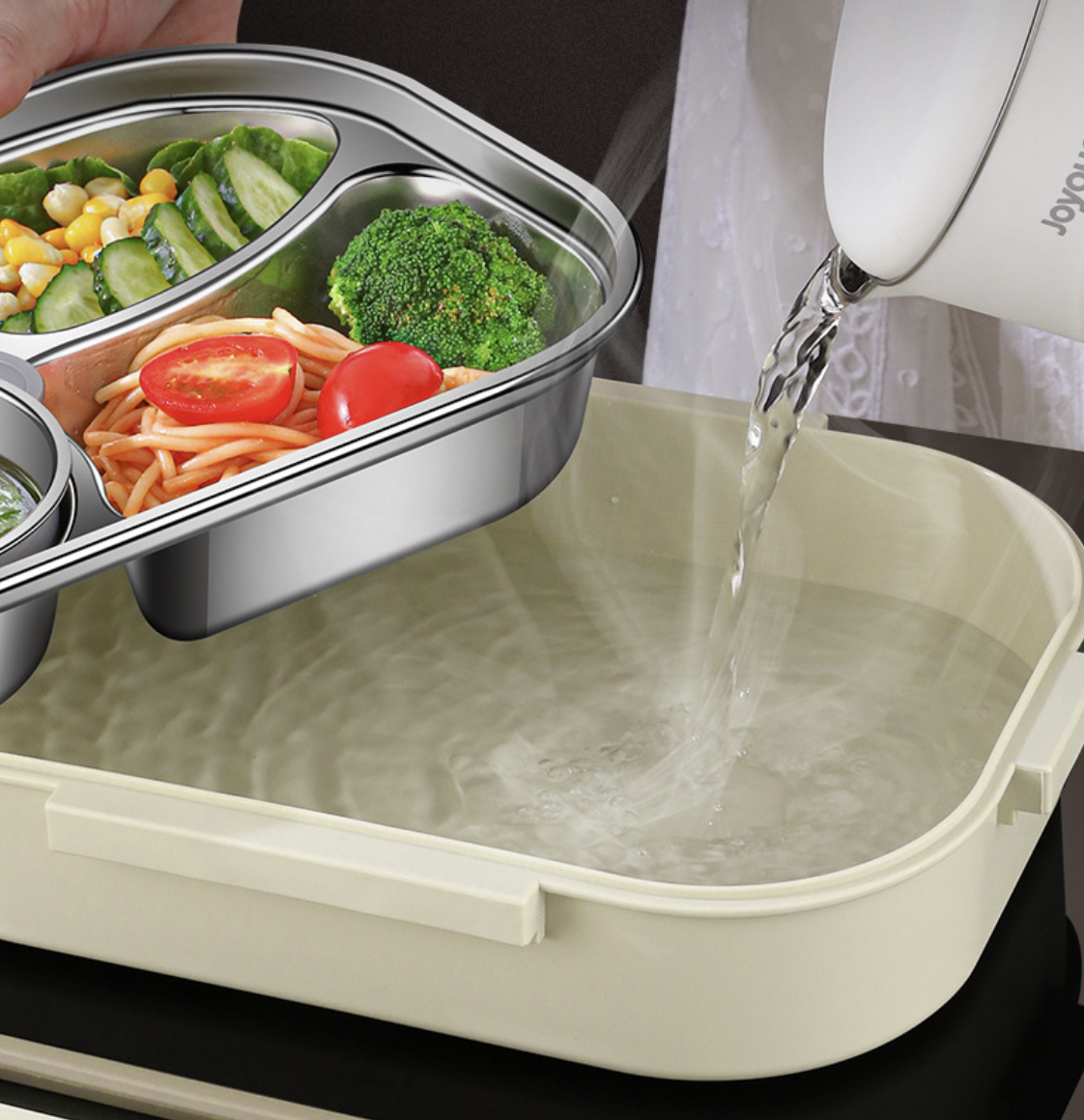 AB-28 insulated stainless steel food box in silver with heat retention, shown with vegetables inside