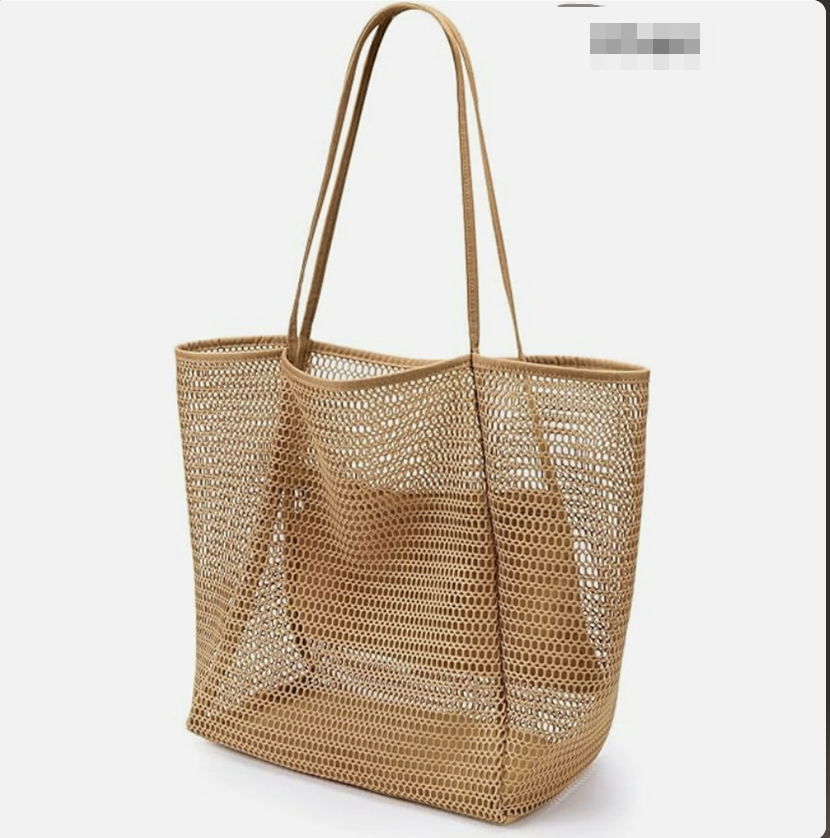 Foldable AB-28 mesh storage bag in beige polyester for shoes and cosmetics on trips, with open top