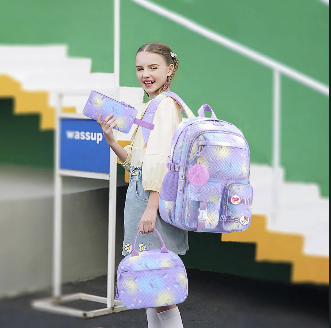 סט תיקים לילדים 3 חלקים קל ונוח dropshipping 3 piece school bag set in lavender Oxford fabric with spine support
