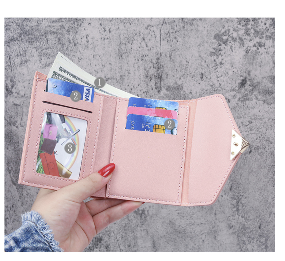 Compact leather wallet for cards and bills by AB-28 in pink with multiple card and coin pockets