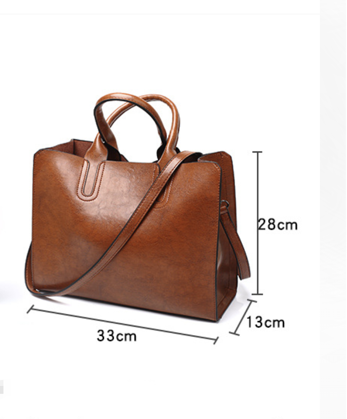 Women winter handbag by AB-28 in warm brown leather with multiple pockets and zip closure, 33 cm