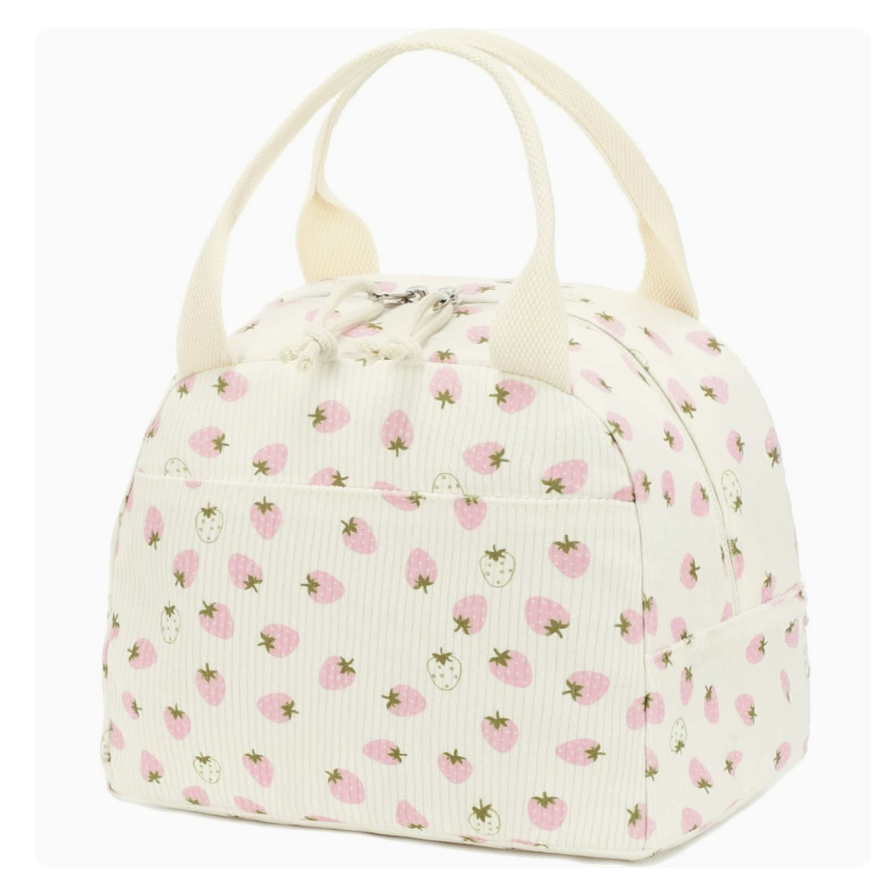 AB-28 corduroy lunch bag in cream with floral print, thick insulation to keep food fresh