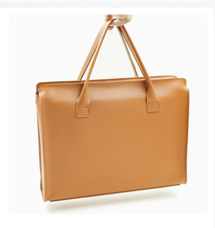 Laptop bag with zipper in AB-28 PU leather, tan finish, for daily work with breathable polyester lining