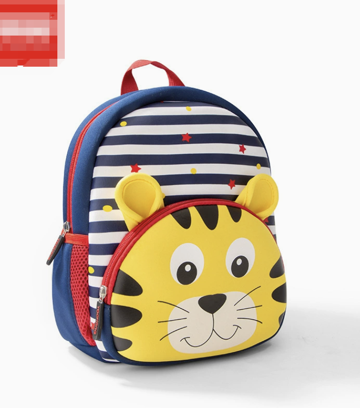 Dropshipping kids school bag in blue and white stripes with a cartoon animal design and neoprene padding
