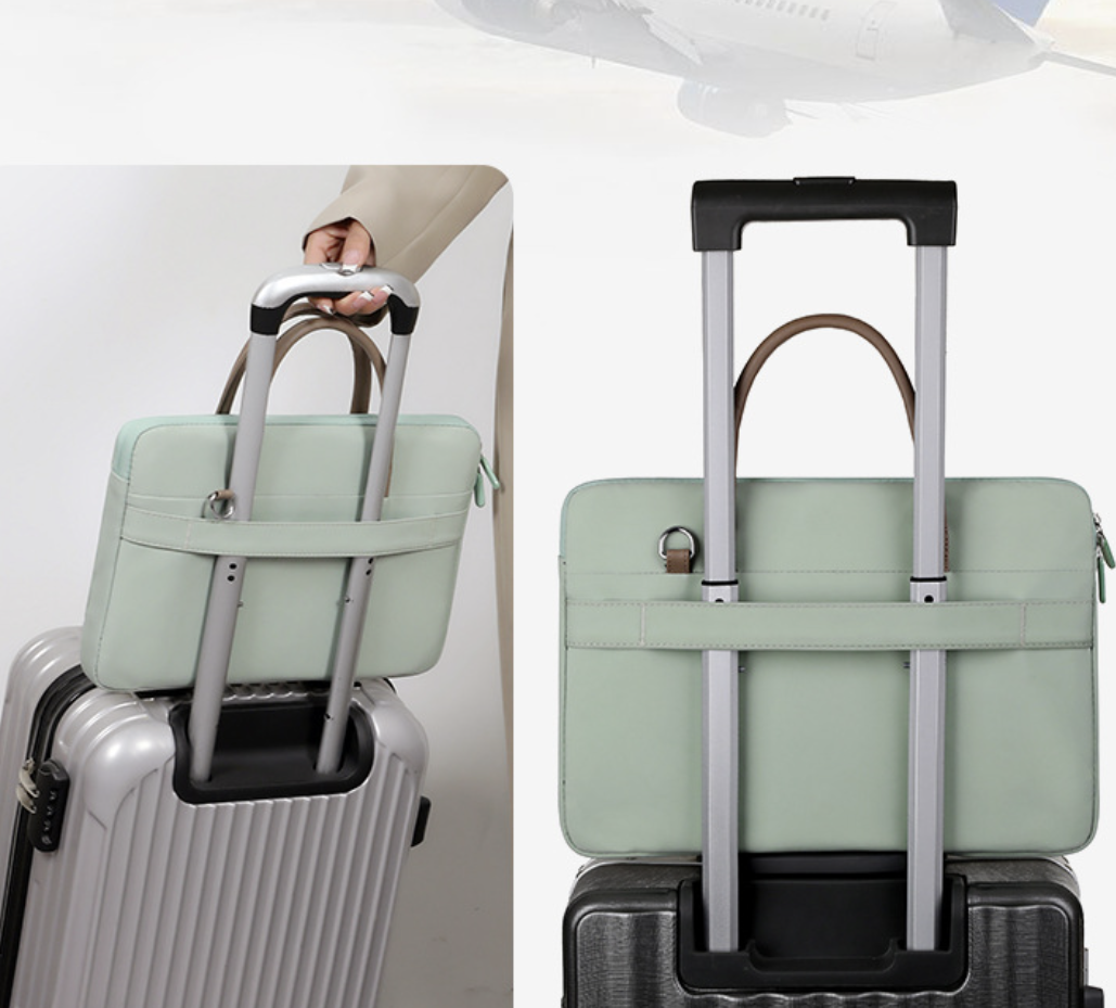 Water resistant business laptop bag by AB-28, light mint Oxford fabric with polyester lining and trolley strap