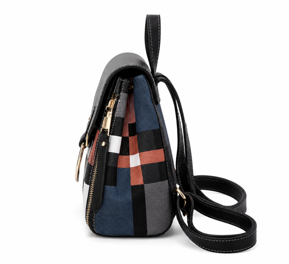 Women's Color Block PU Leather Backpack with Magnetic Buckle