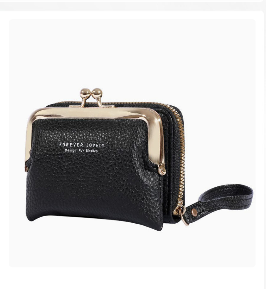 AB-28 short wallet in black PU with card and document pockets and a kiss lock frame
