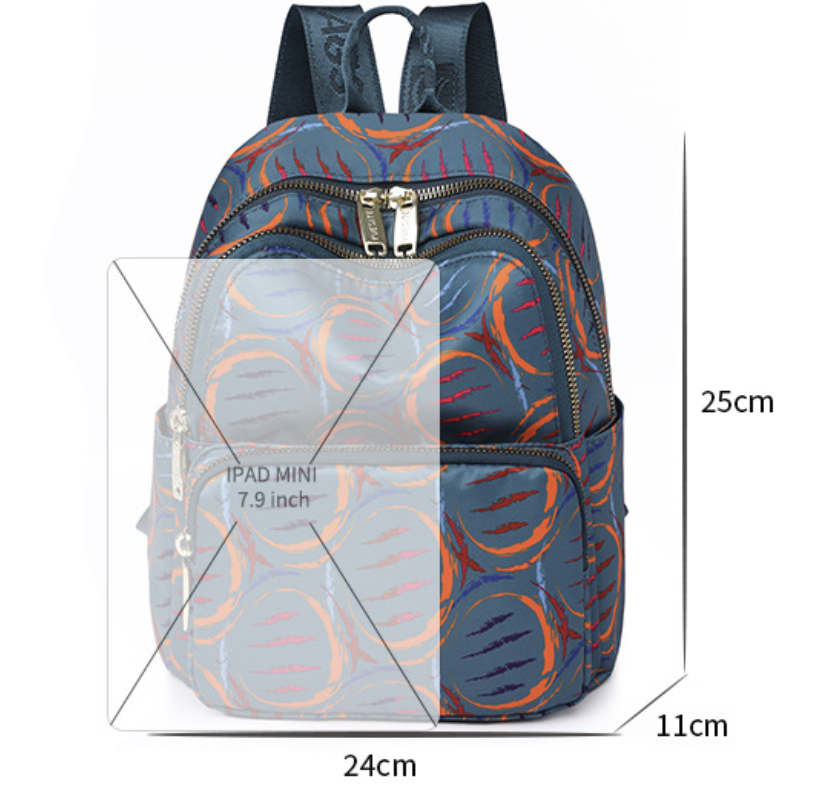 AB-28 women backpack in navy and orange nylon with padded back and front zip pockets, 25cm tall
