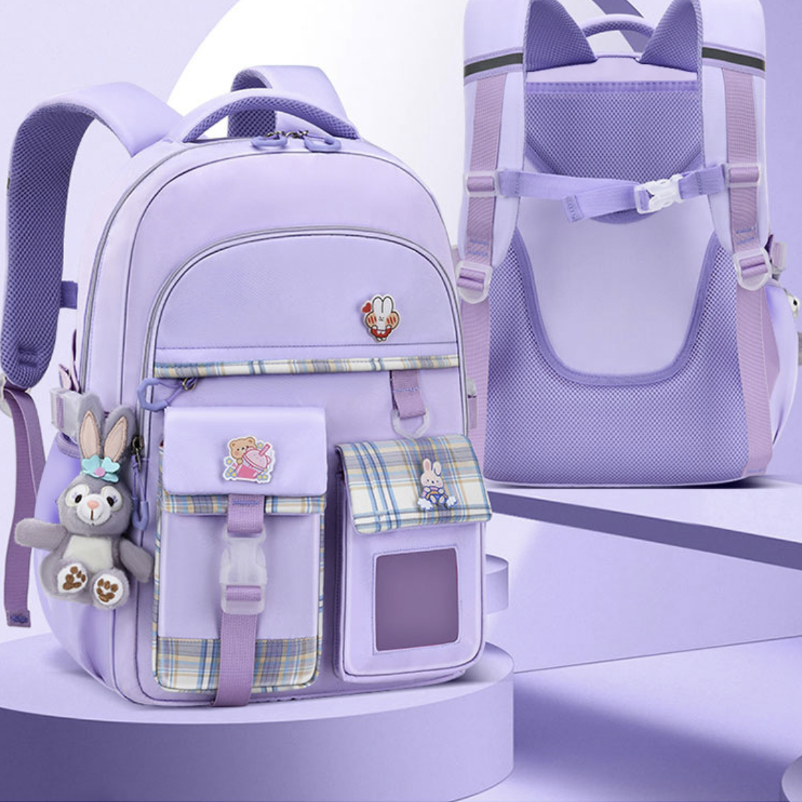 Kids school backpack by dropshipping in light purple with padded shoulder straps for easy carrying