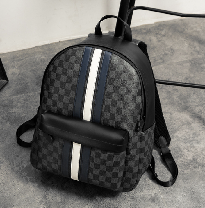 Dropshipping men checkered faux leather backpack in dark gray with padded shoulder straps for work and travel