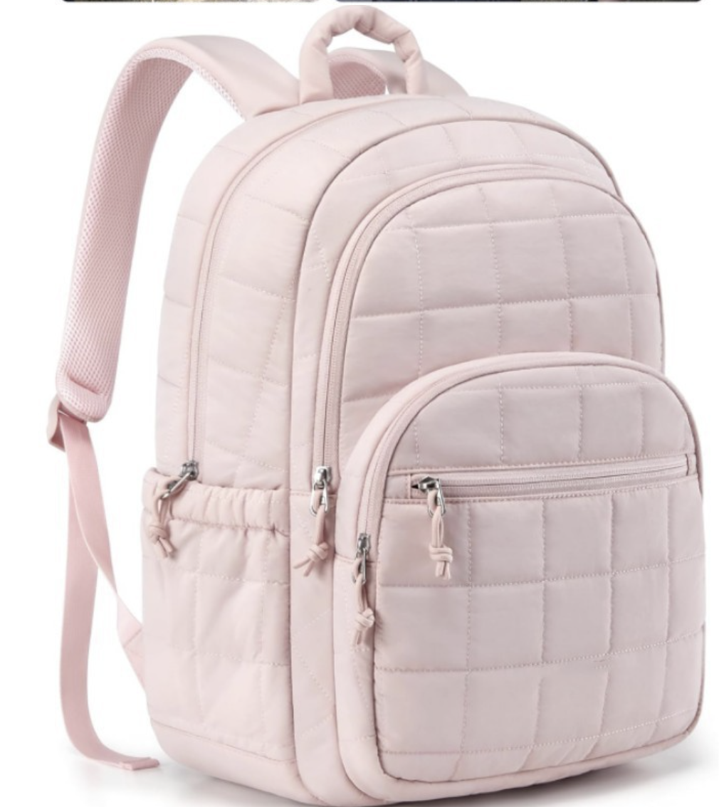 Water resistant AB-28 travel backpack in light pink polyester with padded air shoulder straps