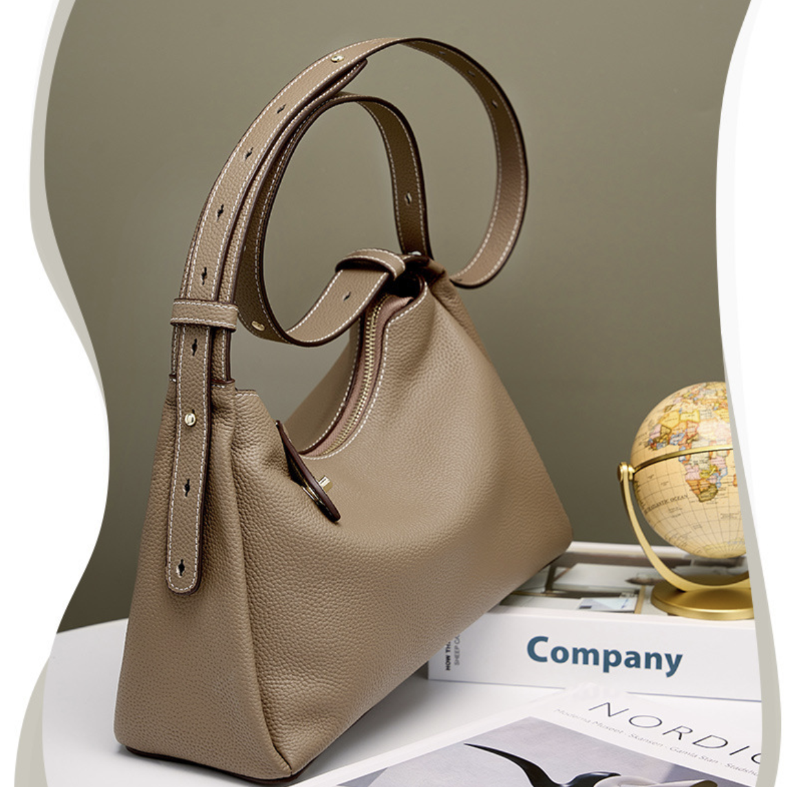 AB-28 genuine leather shoulder bag with one shoulder strap, taupe grain finish and zipper closure