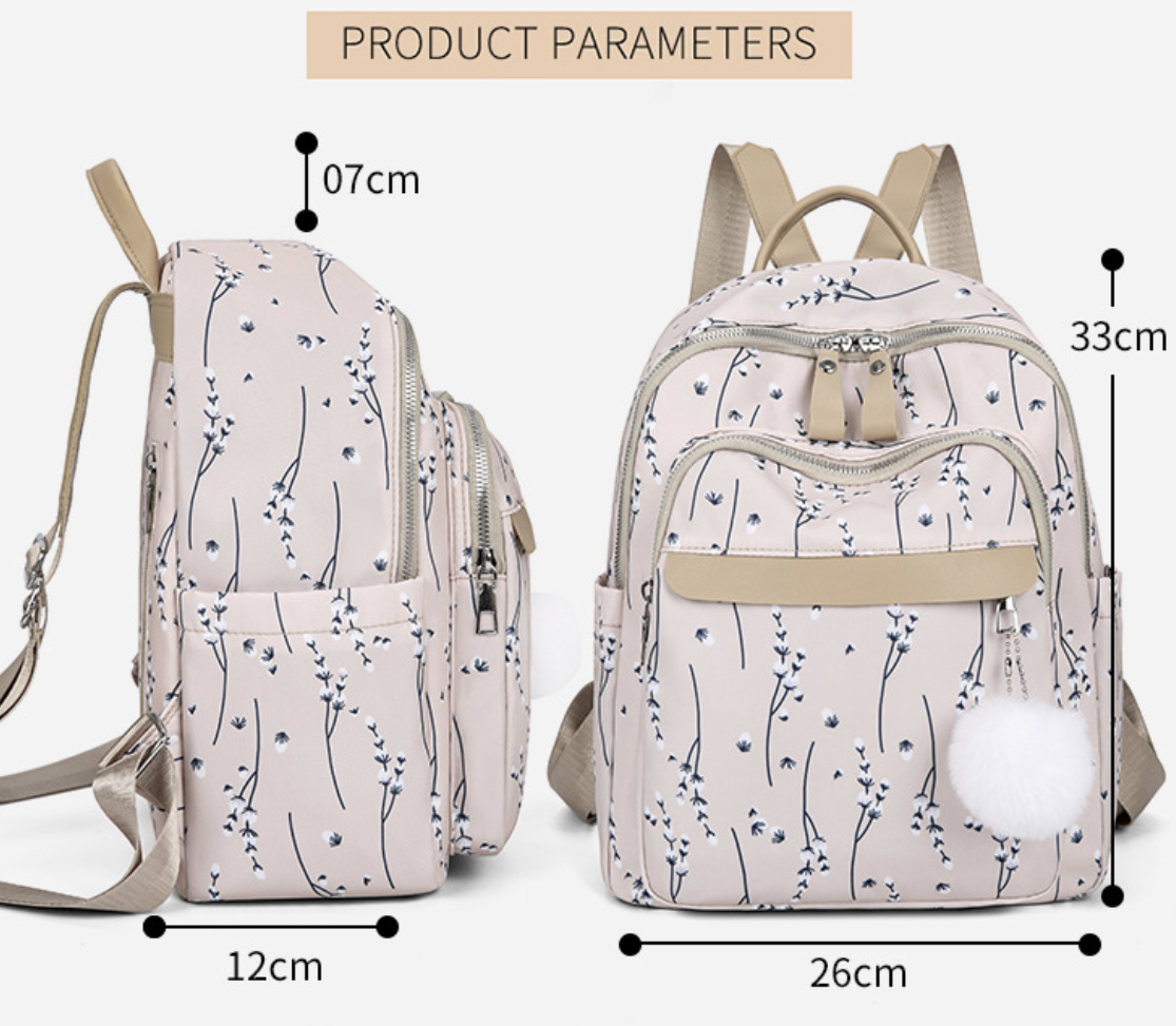 AB-28 travel backpack with large capacity extra water resistant fabric, beige and blue floral print