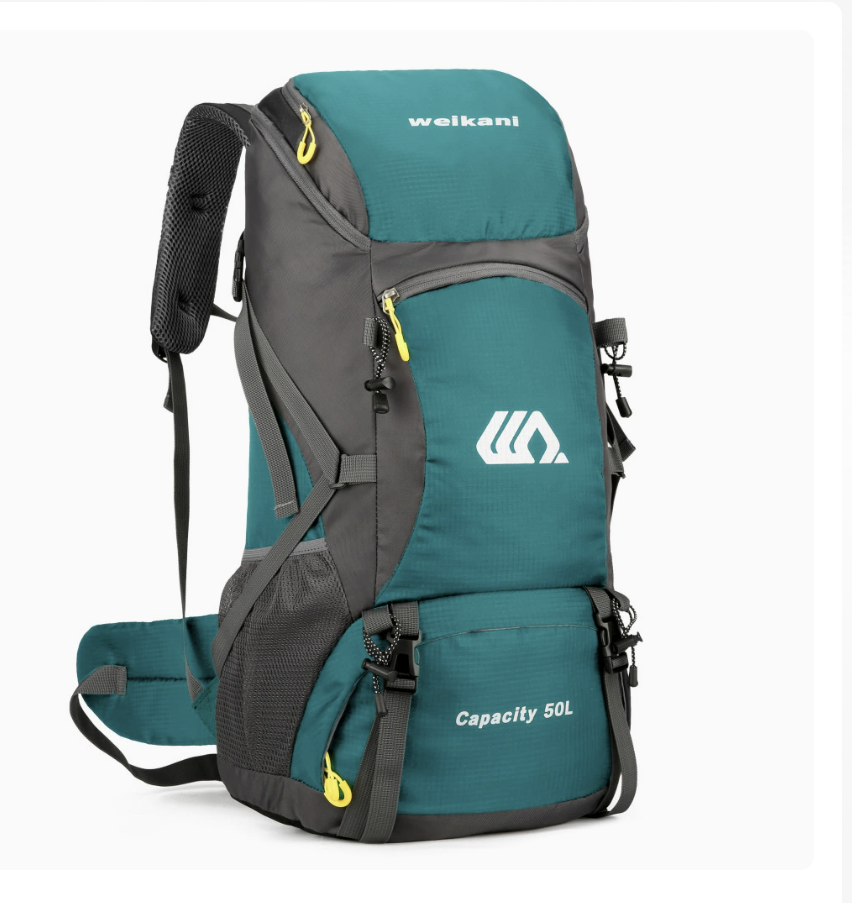 Large hiking backpack AB-28 in teal and gray with waterproof Oxford fabric and 50 liter capacity