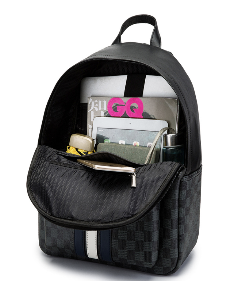 Dropshipping men faux leather backpack in black with padded shoulder straps and checker texture for work