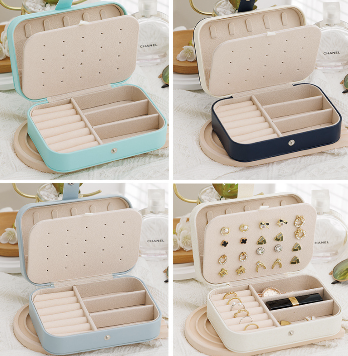 Elegant AB-28 jewelry box in hard leather with soft velvet lining, shown open on a light fabric surface