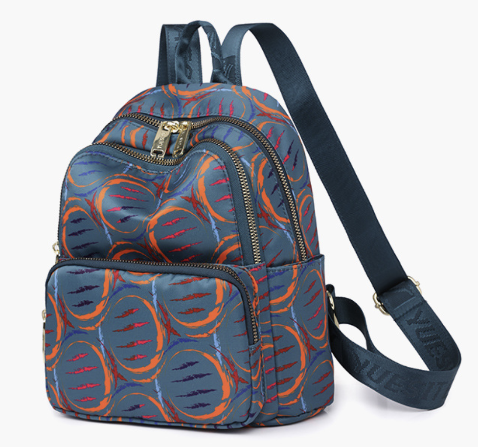 Designed women backpack AB-28 in blue nylon with padded back and internal zip pockets