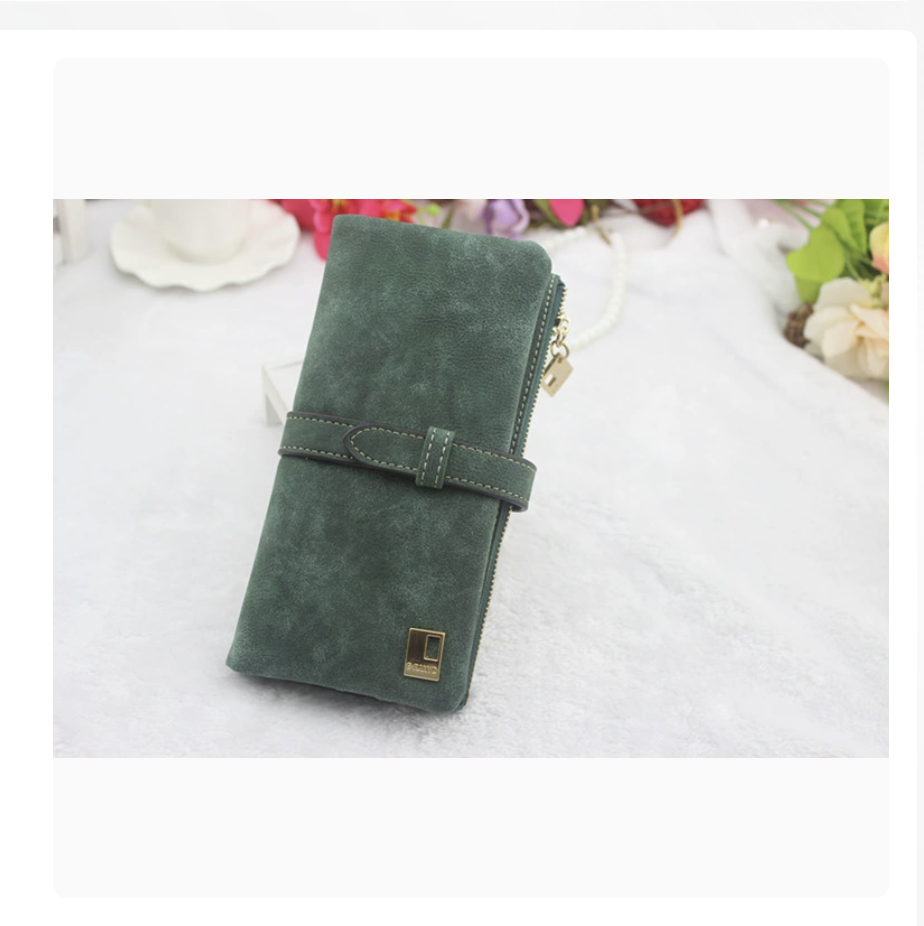 AB-28 long elegant PU wallet in deep green with double fold and multiple card slots