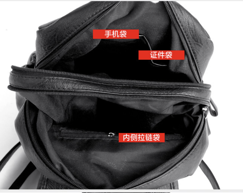 Vintage unisex backpack AB-28 in black genuine lamb leather with zippered anti theft pockets