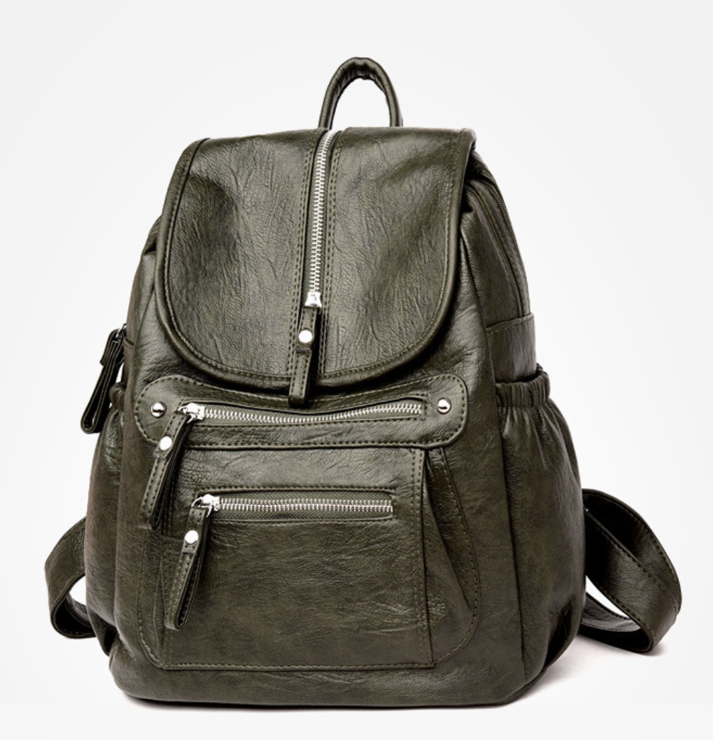 Vintage unisex backpack AB-28 in olive green real lamb leather with zippered anti theft pockets