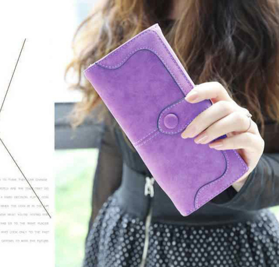 AB-28 long women wallet in purple PU suede with vintage patchwork and card and cash pockets