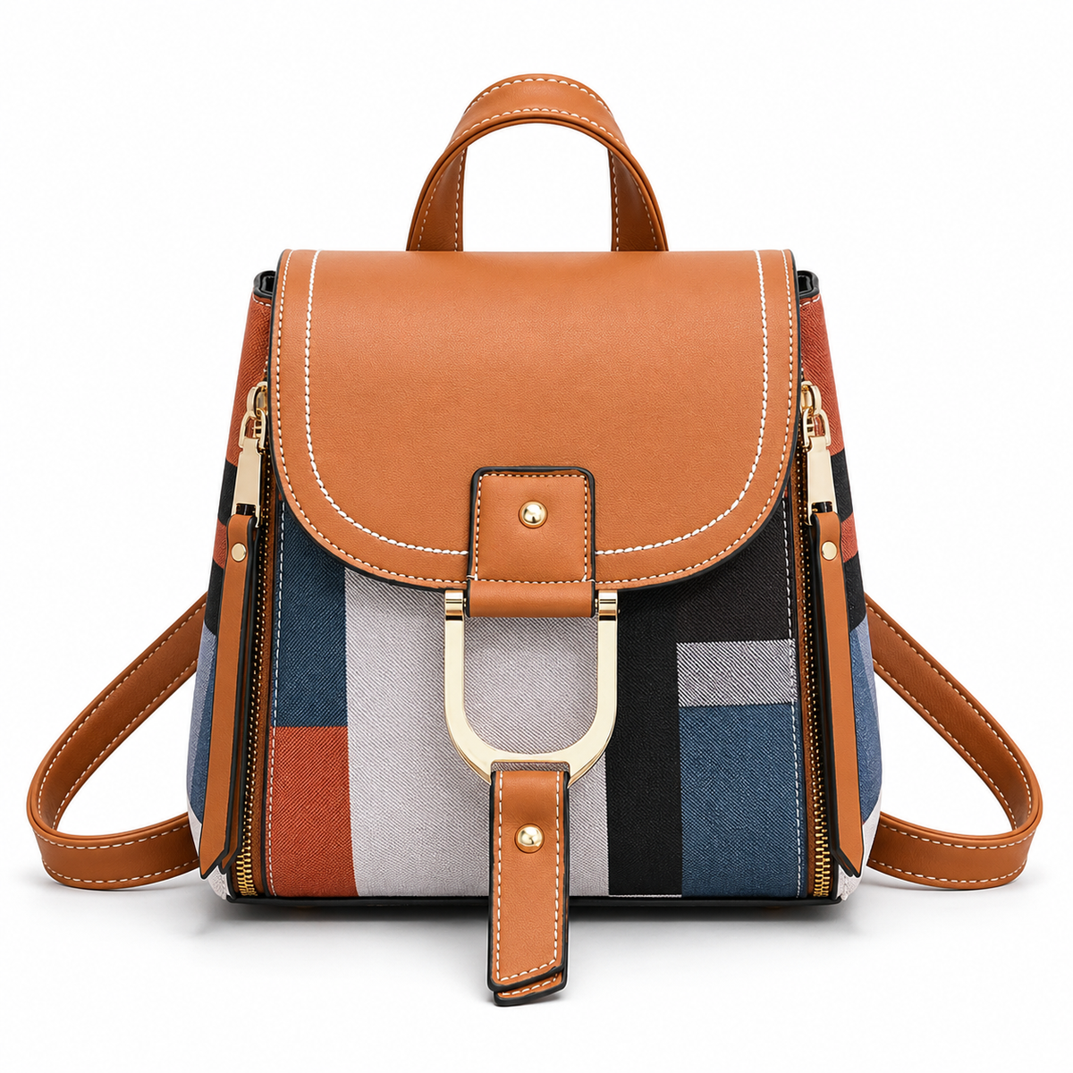 Women's Color Block PU Leather Backpack with Magnetic Buckle
