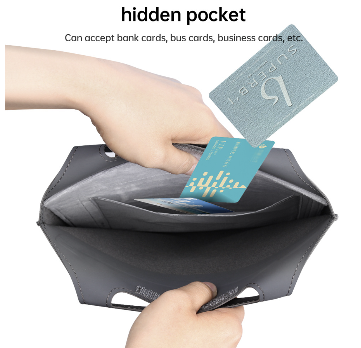 A dark gray slim card holder wallet with a built-in hidden pocket, shown with two hands inserting credit cards into the interior. Text at the top reads 'hidden pocket' with smaller descriptive copy about accepting bank cards, bus cards, and business cards.