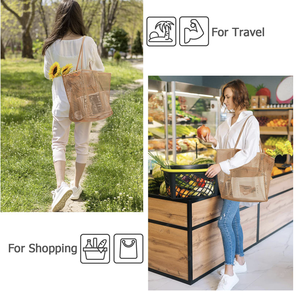 AB-28 foldable mesh bag for storage and travel, beige polyester net tote for shoes and cosmetics