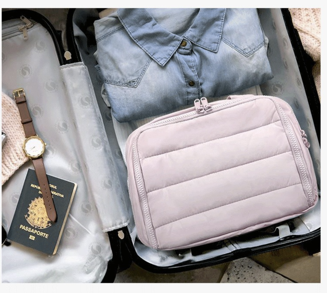 AB-28 layered makeup bag in light pink polyester with double opening for cosmetics storage