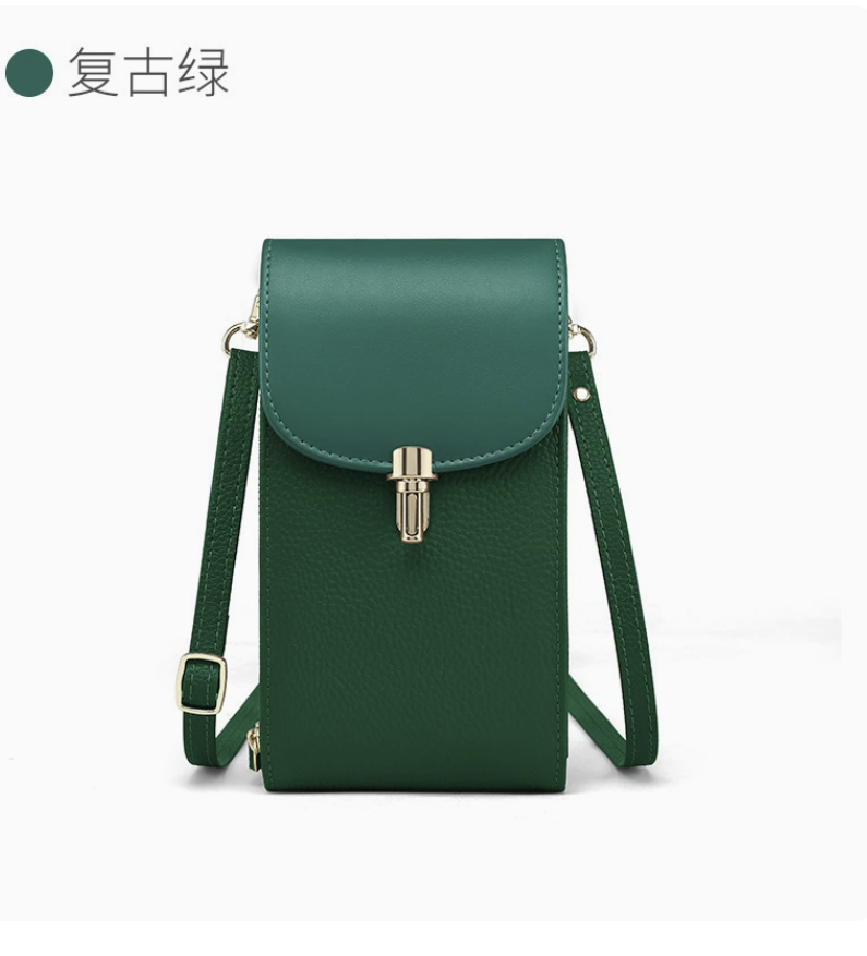 Real leather crossbody phone bag by AB-28 in deep green with card compartments and top clasp closure