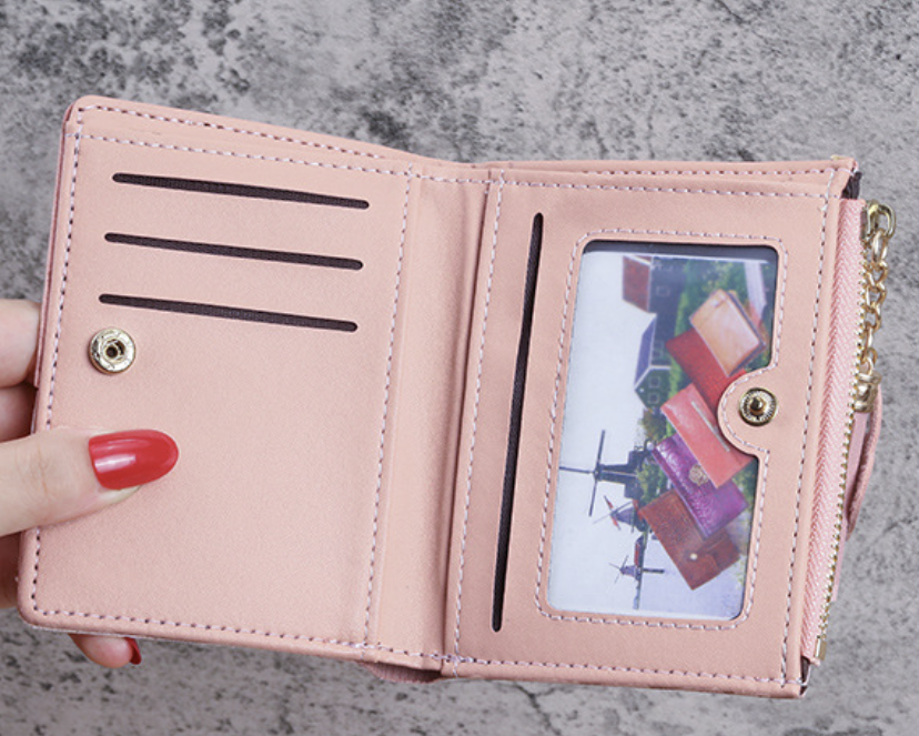 Dropshipping modern wallet in light pink faux leather with double fold and photo card window