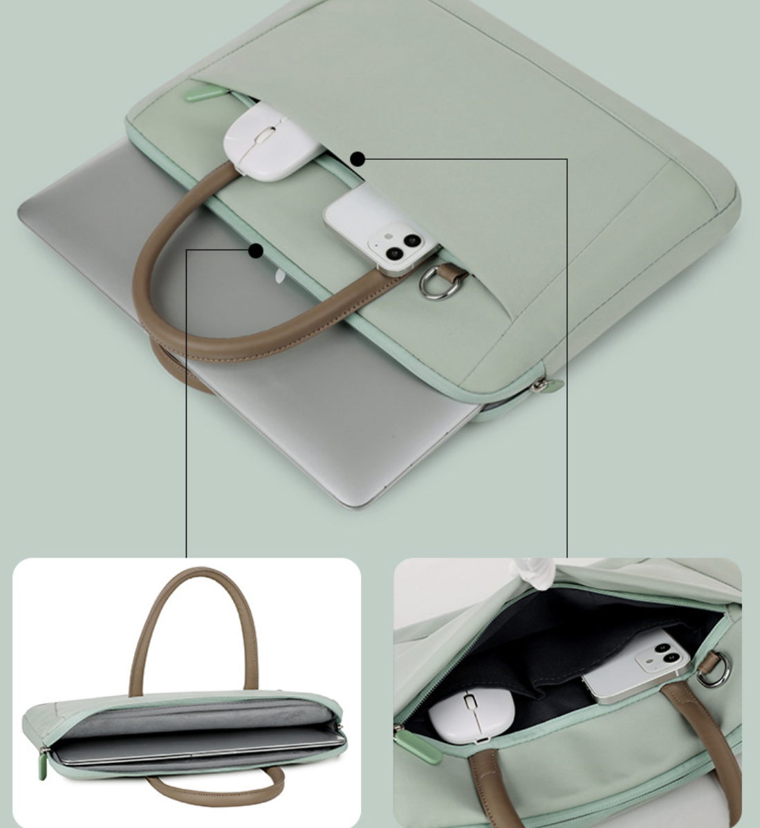 Water resistant business laptop bag by AB-28 in light mint green with Oxford fabric and polyester lining