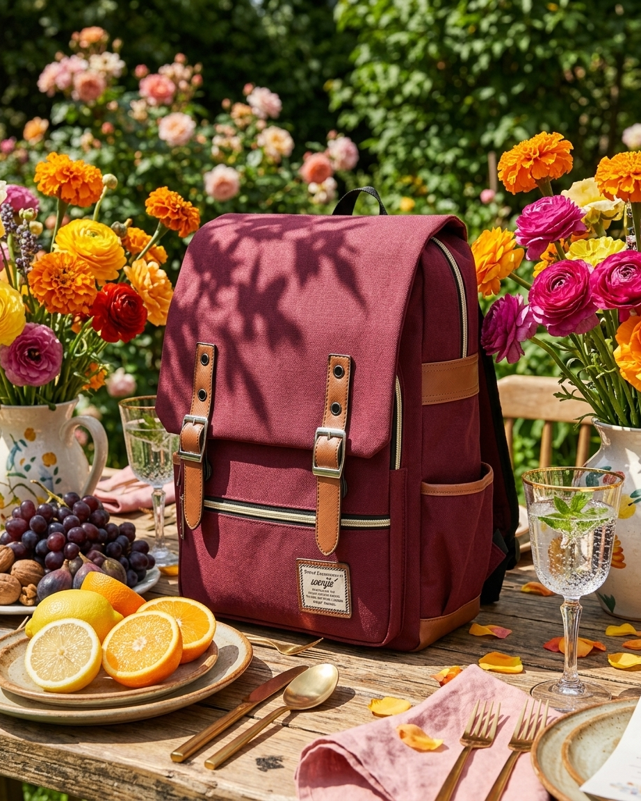 A burgundy canvas backpack with tan leather straps and gold-tone buckles sits on a rustic wooden picnic table surrounded by flowers, fruit, and glassware in an outdoor garden setting.