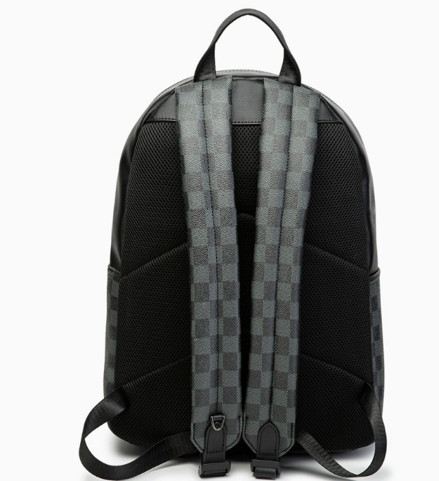 Dropshipping men faux leather backpack in black with checker crisscross pattern and padded shoulder straps