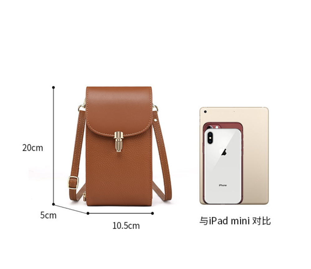 AB-28 genuine leather crossbody phone bag in warm brown with 110 cm shoulder strap and top clasp