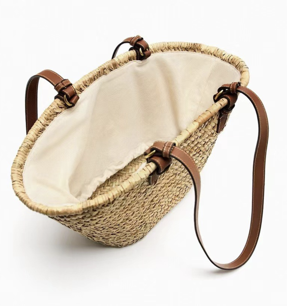 תיק קש קלוע עם קיבולת גדולה AB-28 woven straw bag in natural with double shoulder straps and polyester lining