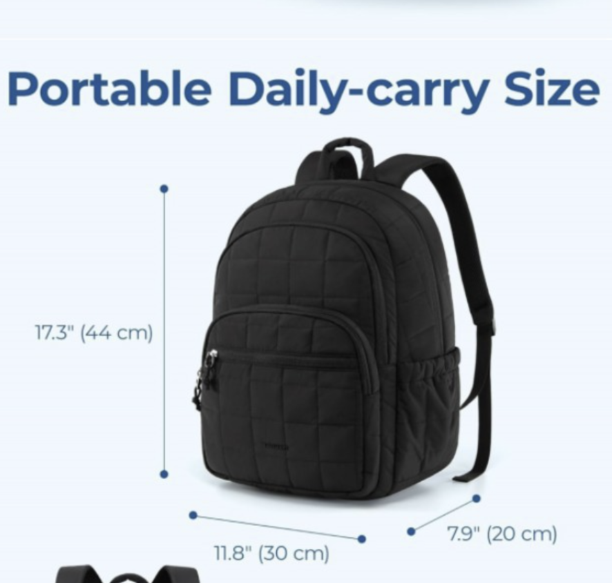 Water resistant travel backpack by AB-28 in black polyester with padded shoulder straps and laptop fit up to 13 inch