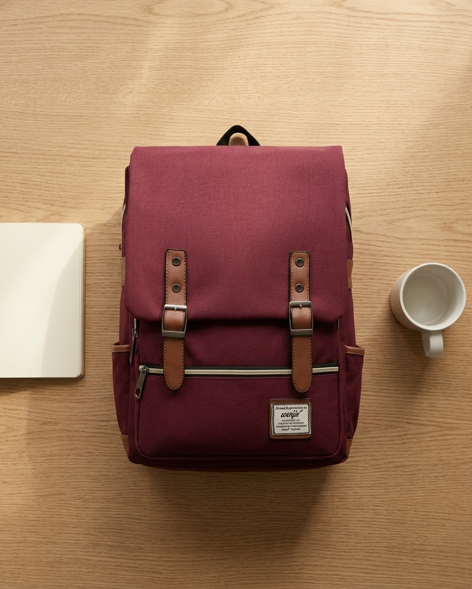 A burgundy canvas backpack with brown leather straps and buckles, laid flat on a light wood desk next to a white notebook and a white coffee mug.