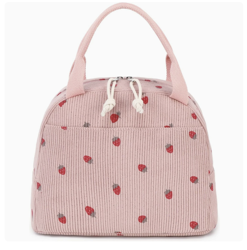 Tiki food bag AB-28 in pink corduroy with strawberry pattern, insulated for fresh meals