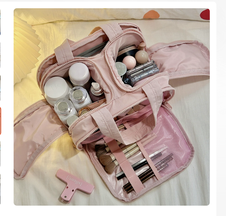 AB-28 layered makeup bag in soft pink polyester with double opening compartments for cosmetics storage