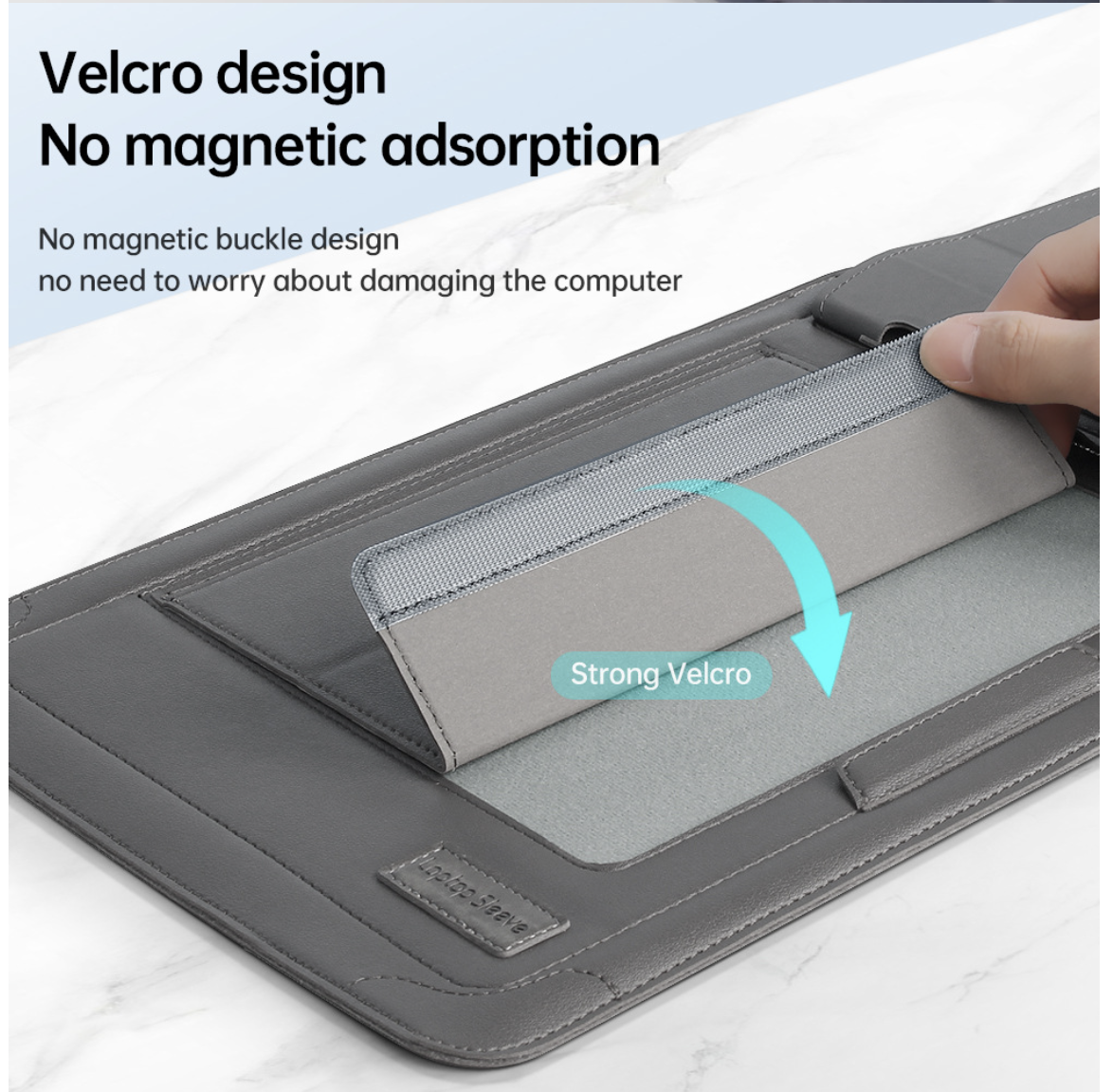 A gray protective sleeve or folio with a hand demonstrating a Velcro closure, set against a light marble background with promotional text explaining its non-magnetic design.