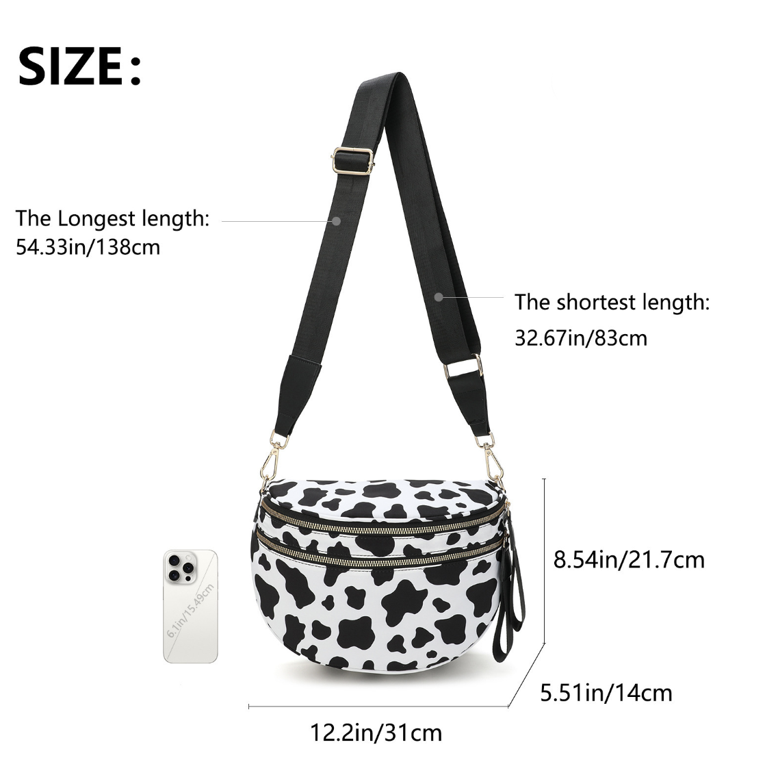 AB-28 crossbody bag in black and white cow print polyester with zip closure and inner zip pocket
