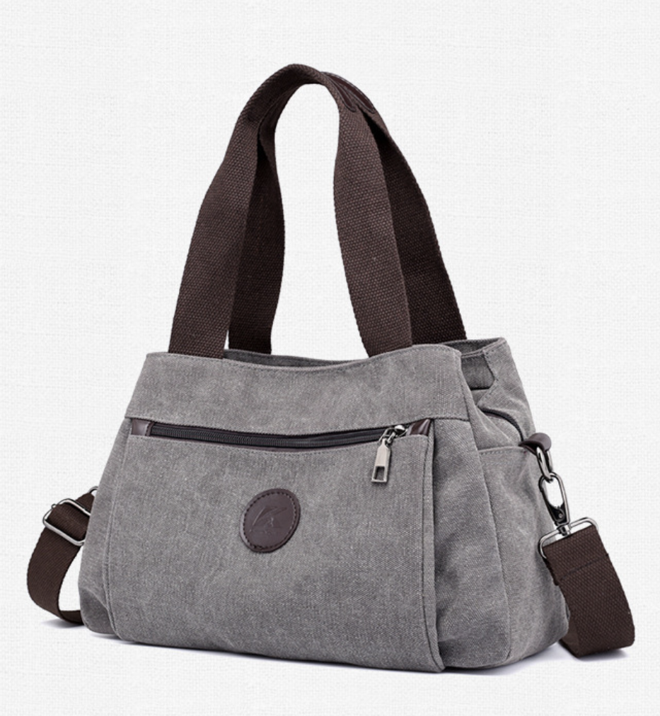 Soft canvas tote bag AB-28 in heather gray with multi pocket zip, phone, and document compartments