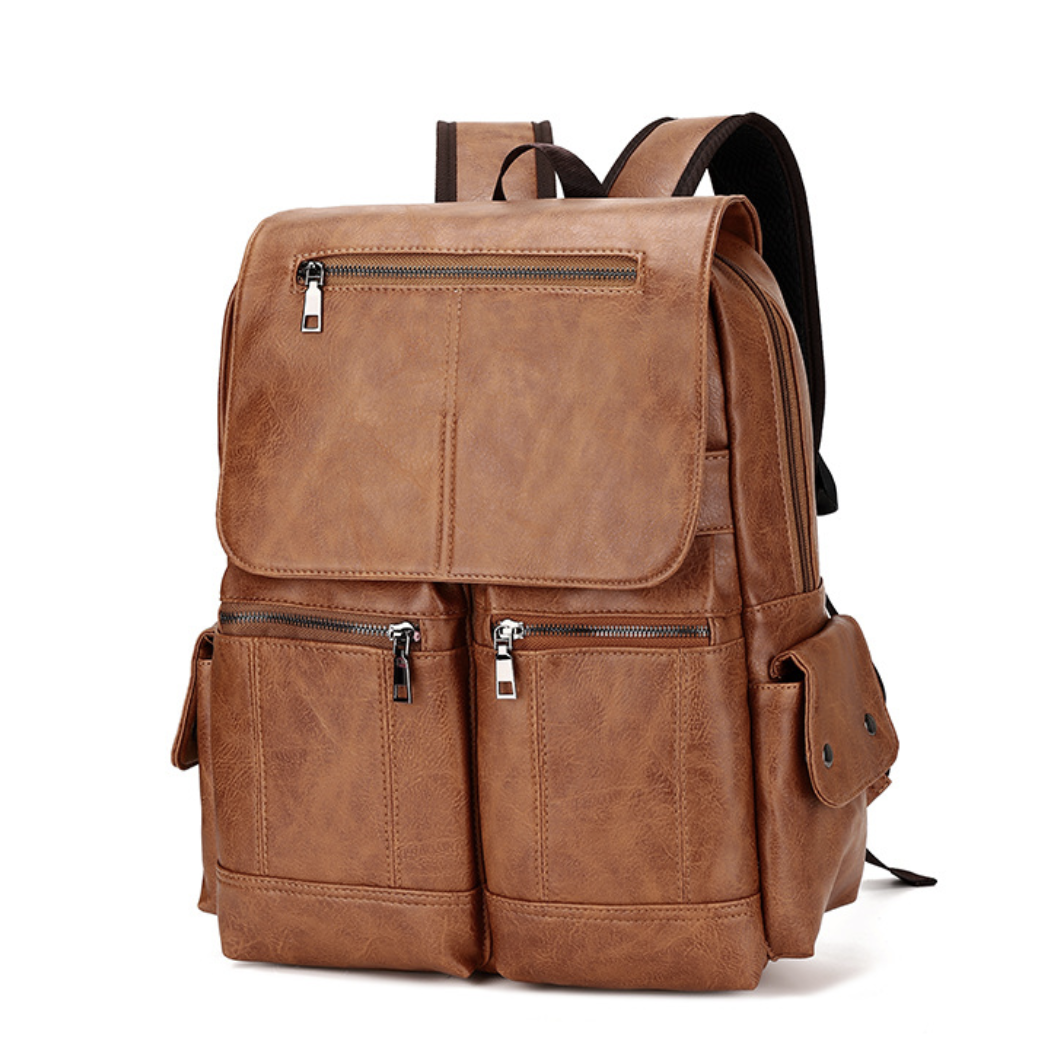 Retro PU leather AB-28 backpack in tan with padded air cushion shoulder straps and front zip pockets