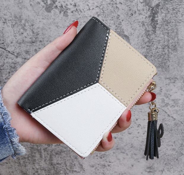 ארנק אופנתי דמוי עור dropshipping short wallet in black and cream faux leather with double fold