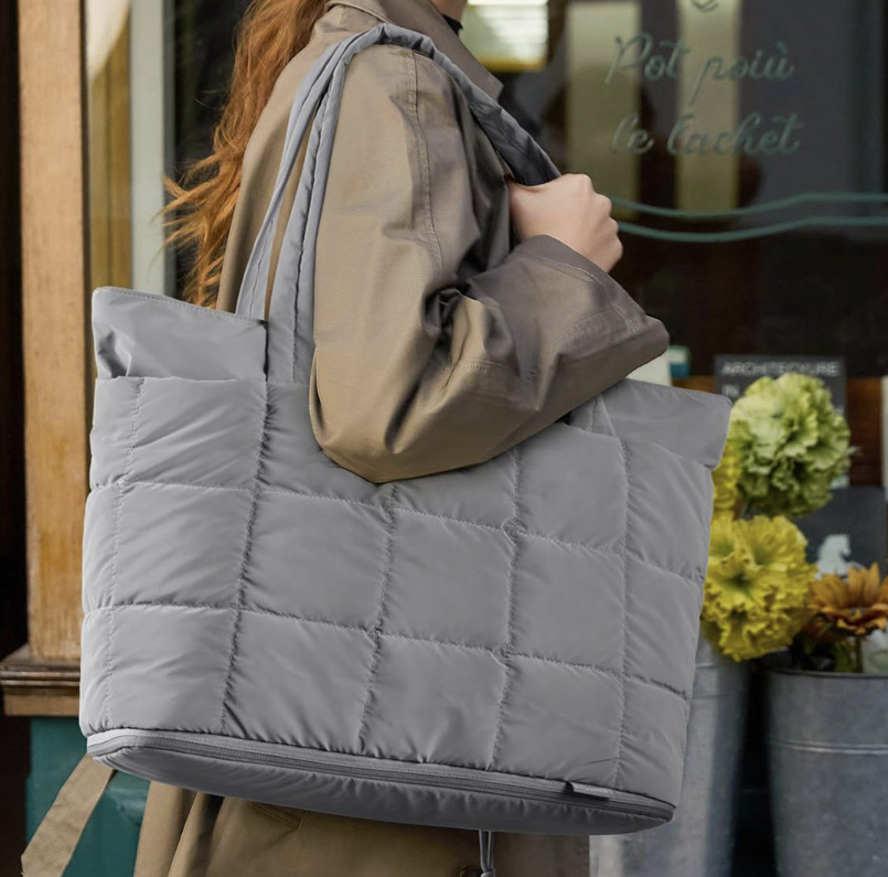 AB-28 travel and storage shoulder bag in light gray nylon with soft padded quilted panels for everyday use