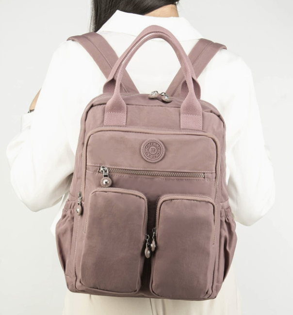 Multifunction waterproof backpack by dropshipping in taupe nylon with multiple pockets and hidden compartment