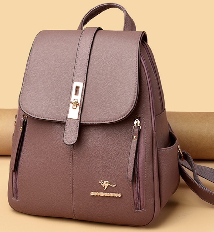Dropshipping casual multi use backpack in taupe PU with a zip pocket divider for work, shopping, and trips