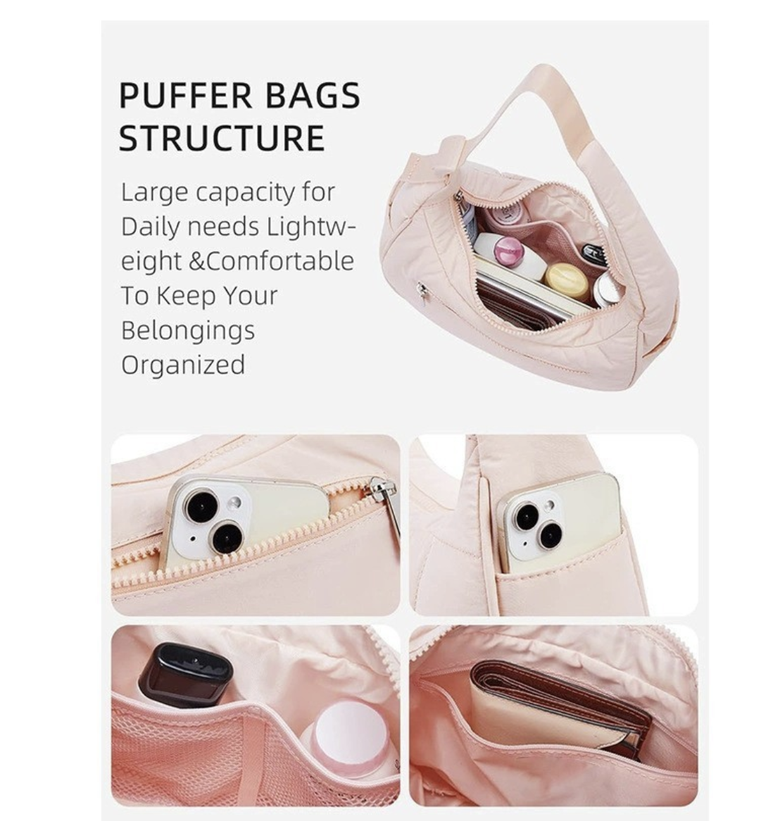 AB-28 large capacity shoulder bag in light pink nylon with zip closure and snap lock phone pocket