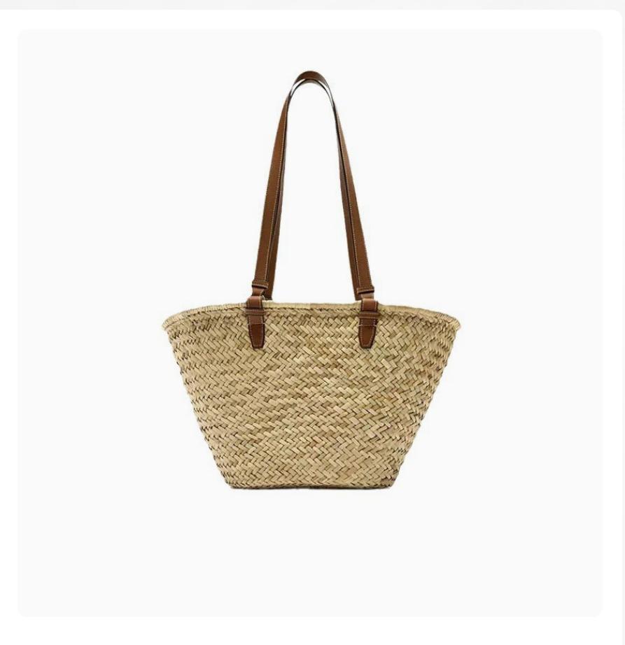 Large woven straw tote by AB-28 in natural tan with double shoulder straps and polyester lining